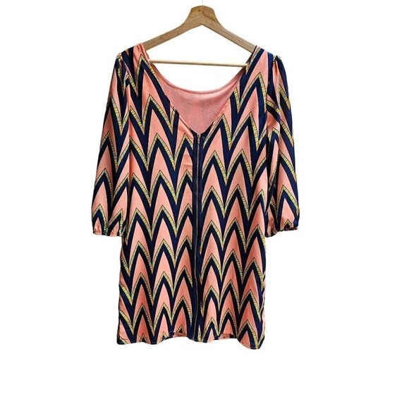Chevron Pink & Navy Dress With 3/4 Sleeves By Pink Owl Apparel, Size Medium - Picture 2 of 8